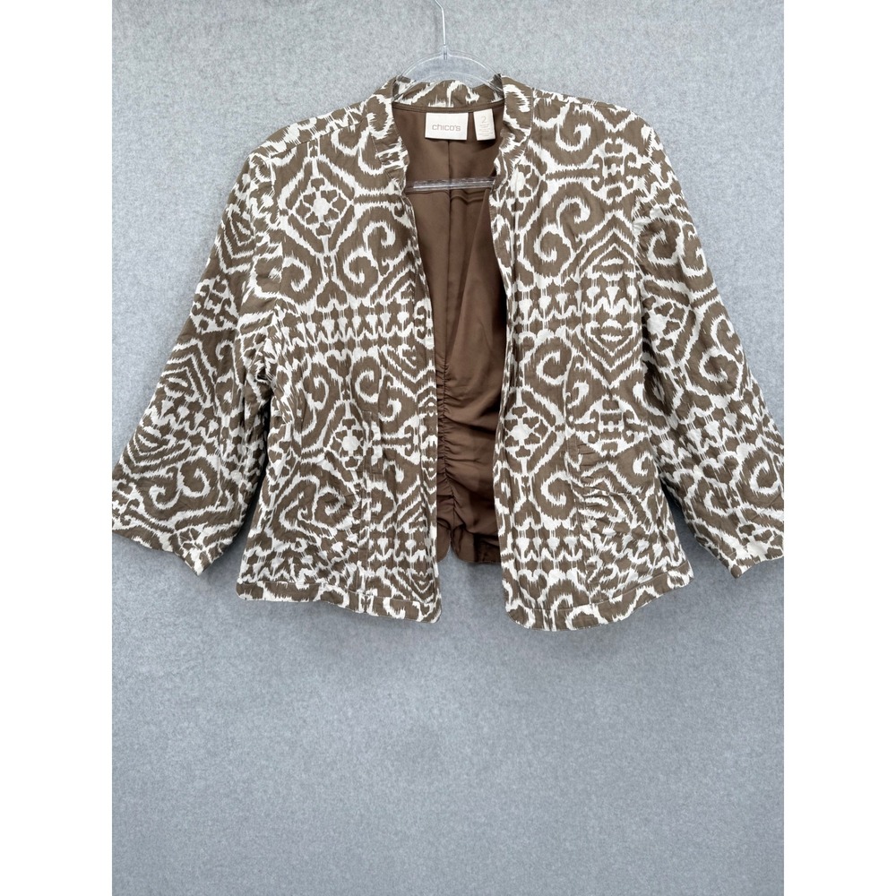 Chico's Open Front Jacket Women 12 Brown Ikat Metallic Cotton Blend Ruched Back